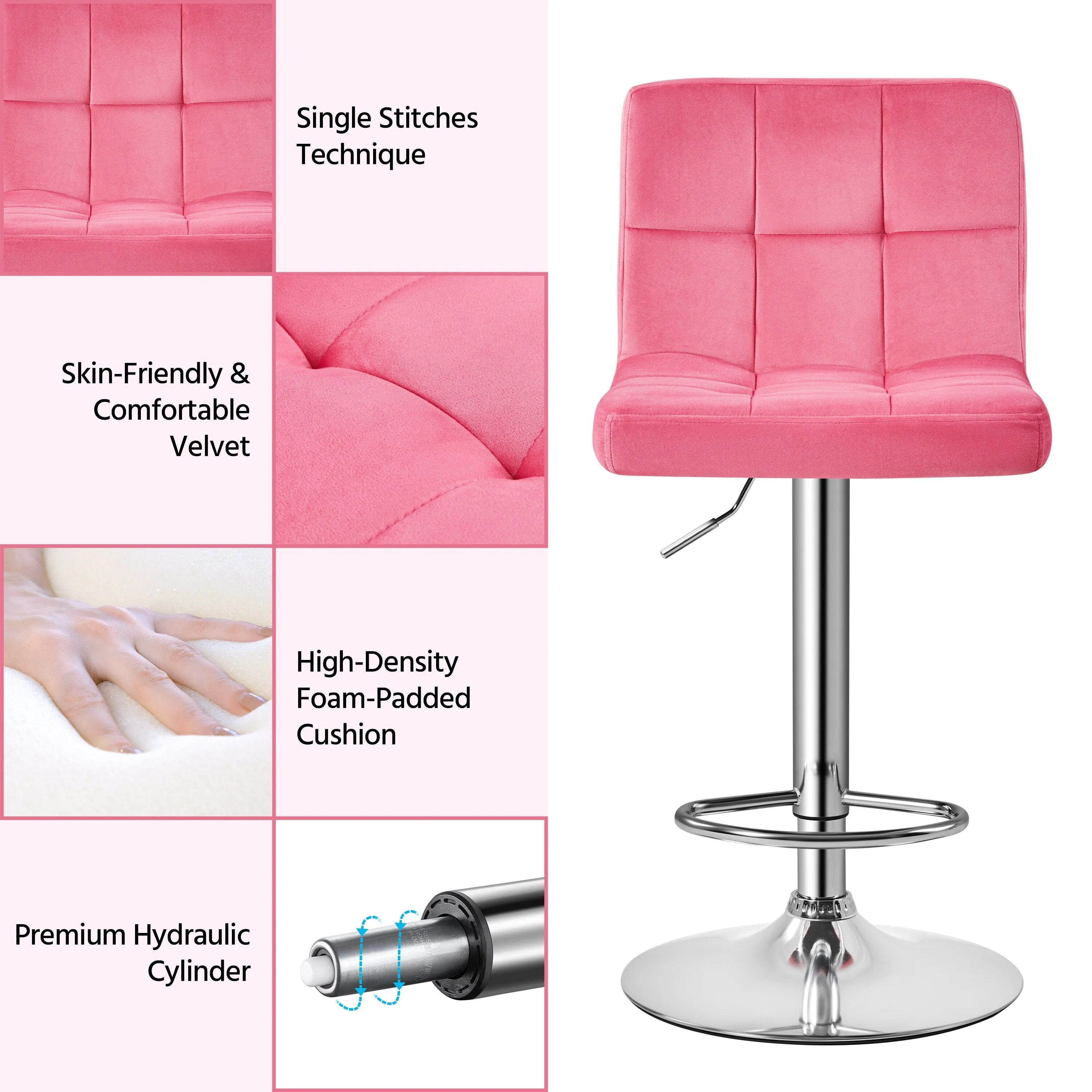 Yaheetech 2pcs Height Adjustable Modern Velvet Swivel Bar Stool with Backrest
