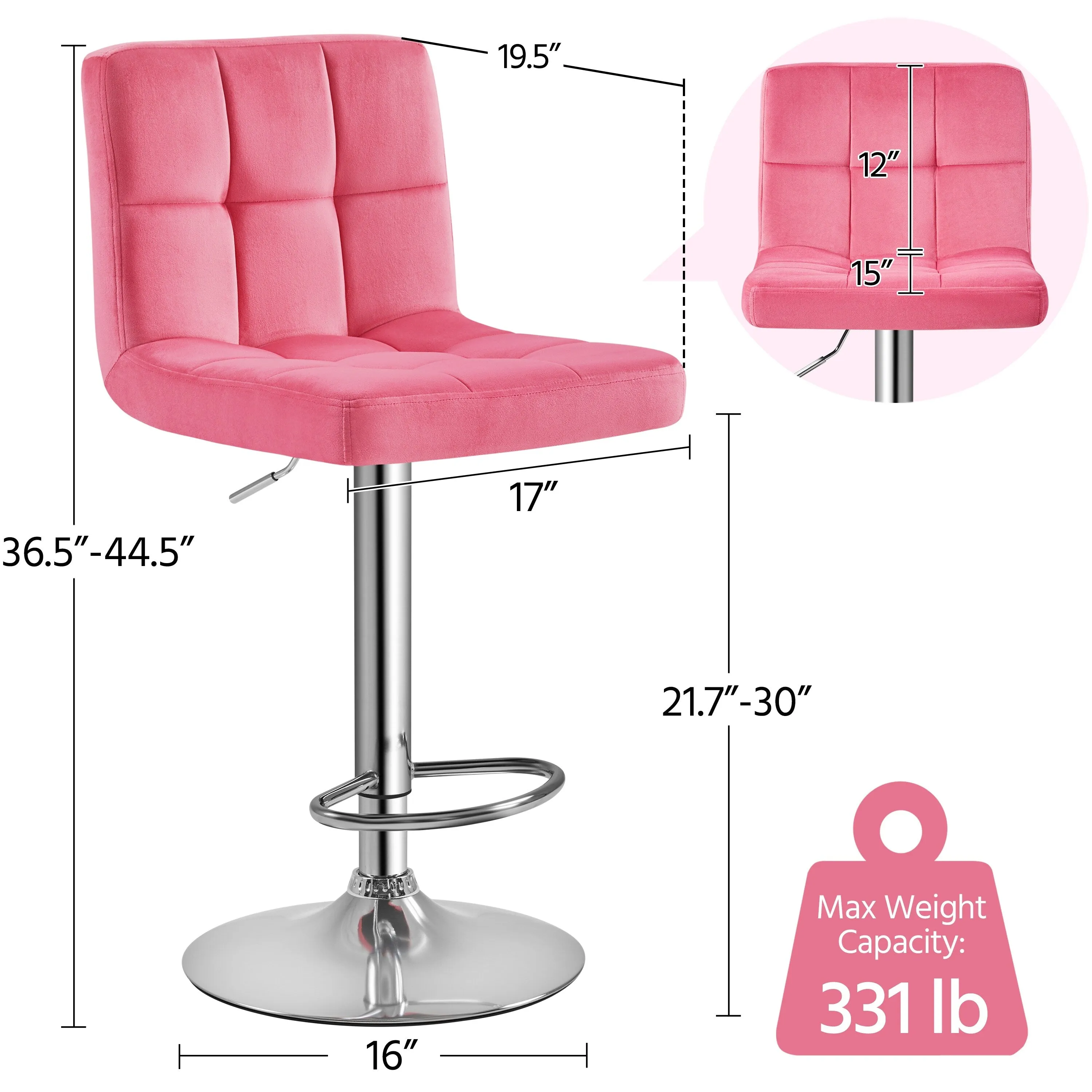 Yaheetech 2pcs Height Adjustable Modern Velvet Swivel Bar Stool with Backrest