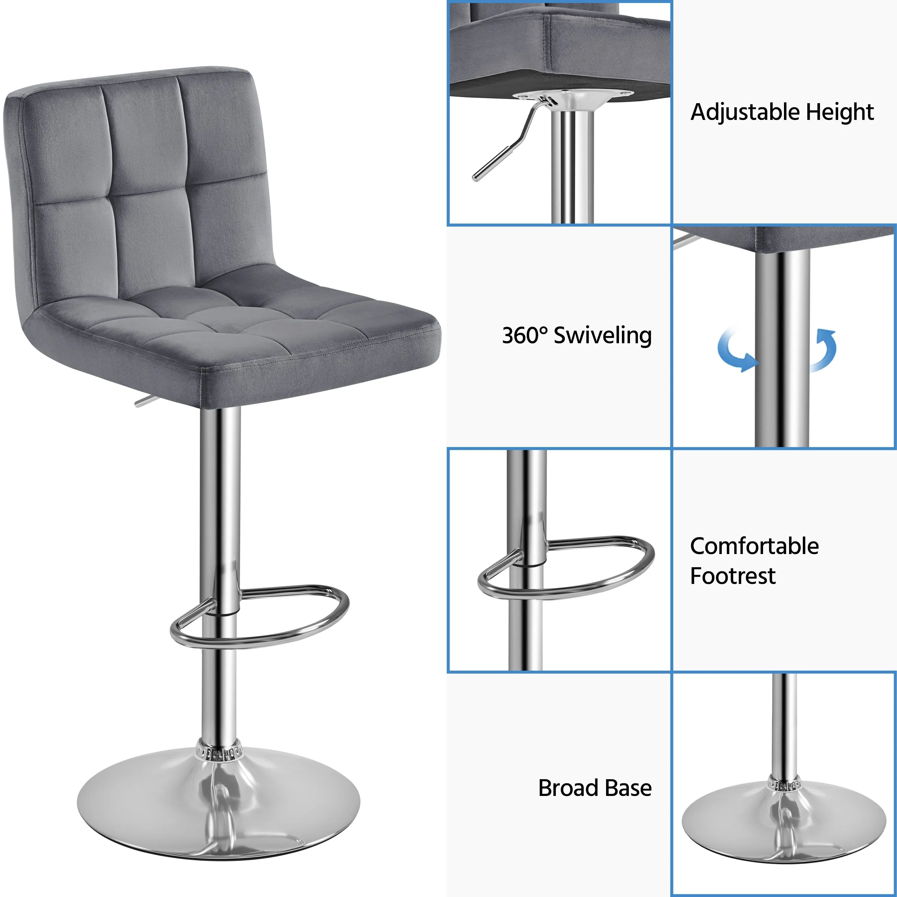 Yaheetech 2pcs Height Adjustable Modern Velvet Swivel Bar Stool with Backrest