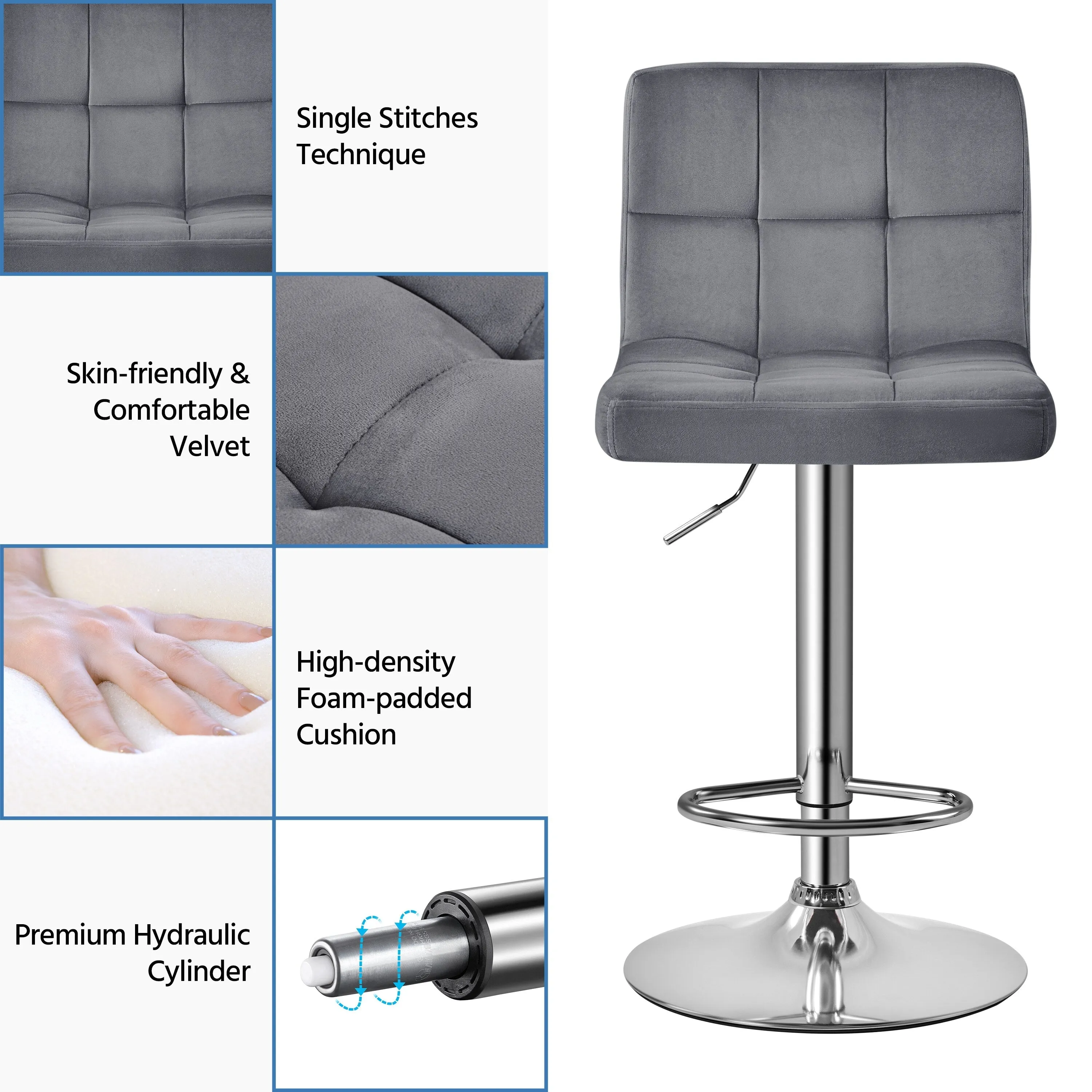 Yaheetech 2pcs Height Adjustable Modern Velvet Swivel Bar Stool with Backrest