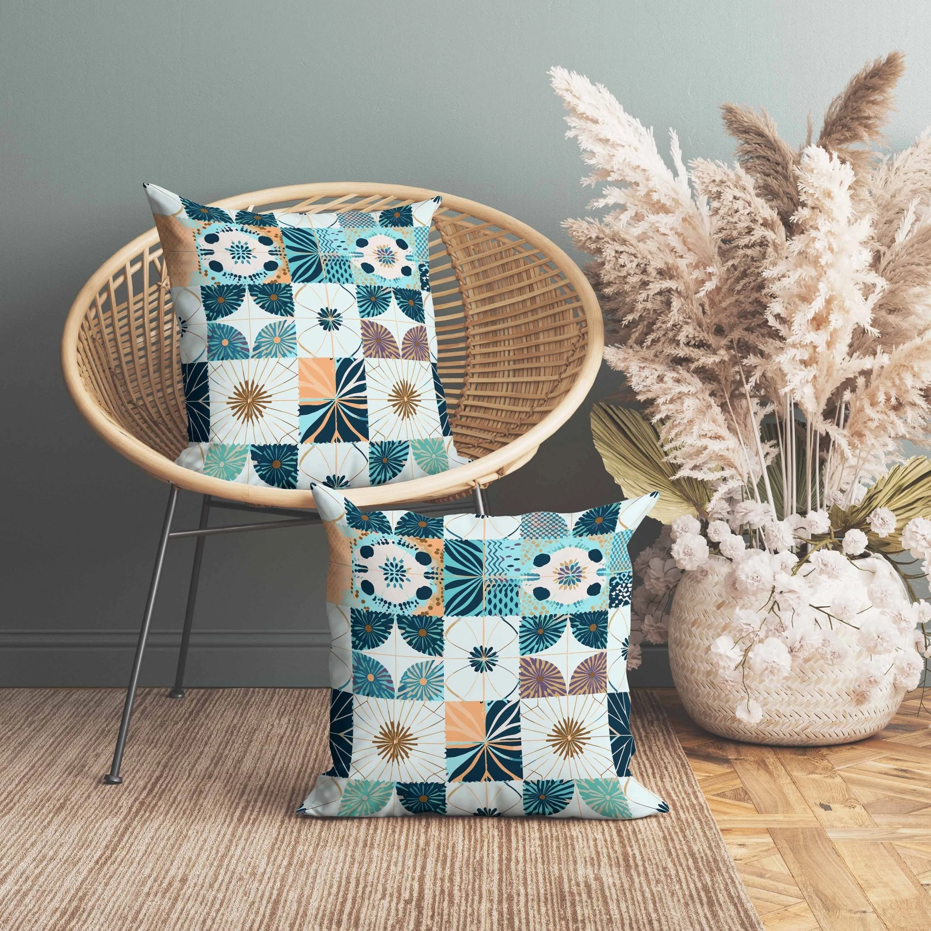 Zellige Dreamscapes Faux Suede Reversible Throw Pillow Blue and Peach