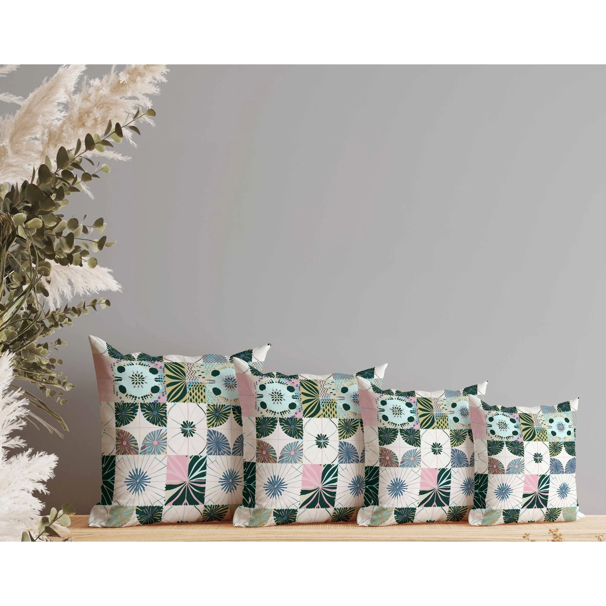 Zellige Dreamscapes Indoor/Outdoor Reversible Throw Pillow Green and Pink