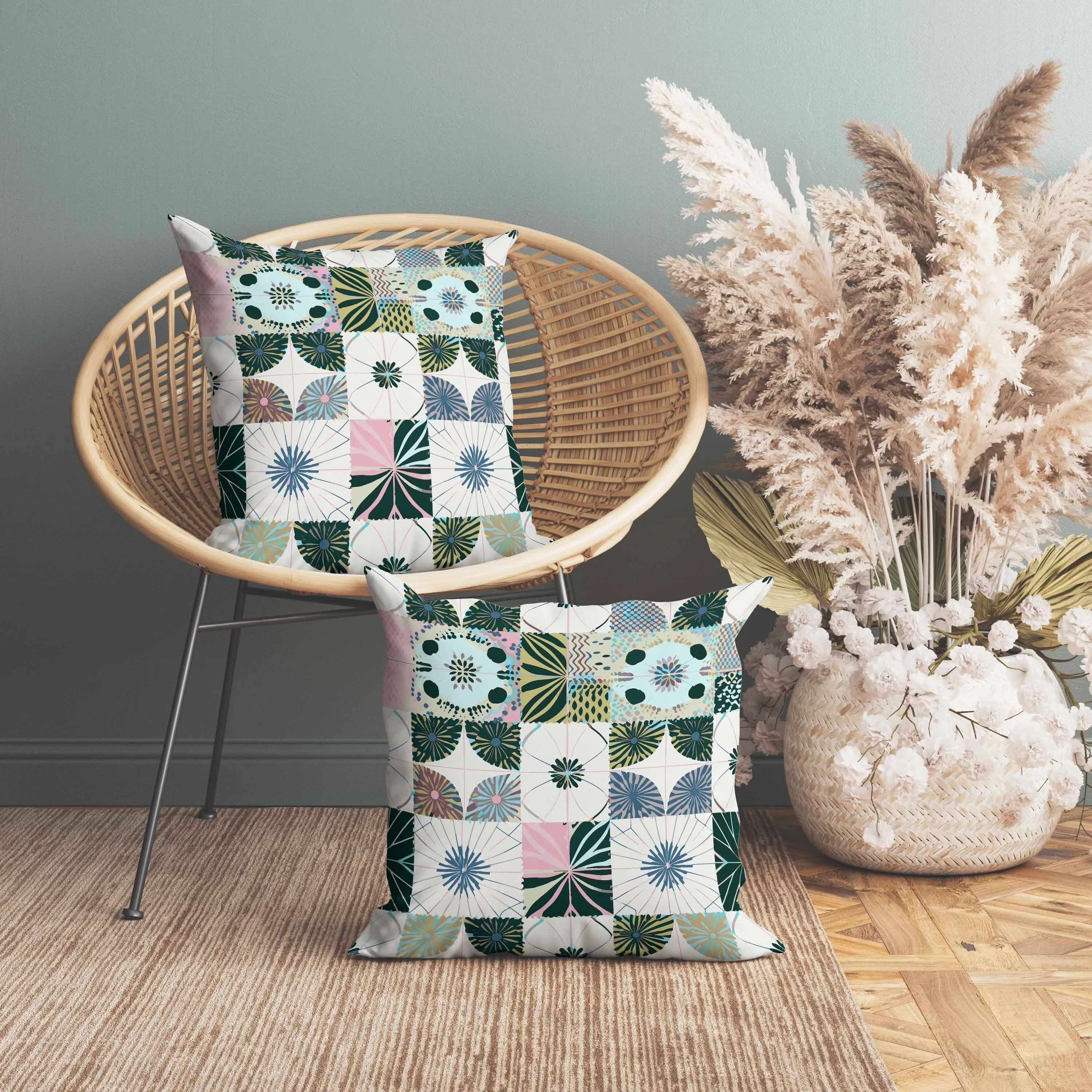 Zellige Dreamscapes Indoor/Outdoor Reversible Throw Pillow Green and Pink
