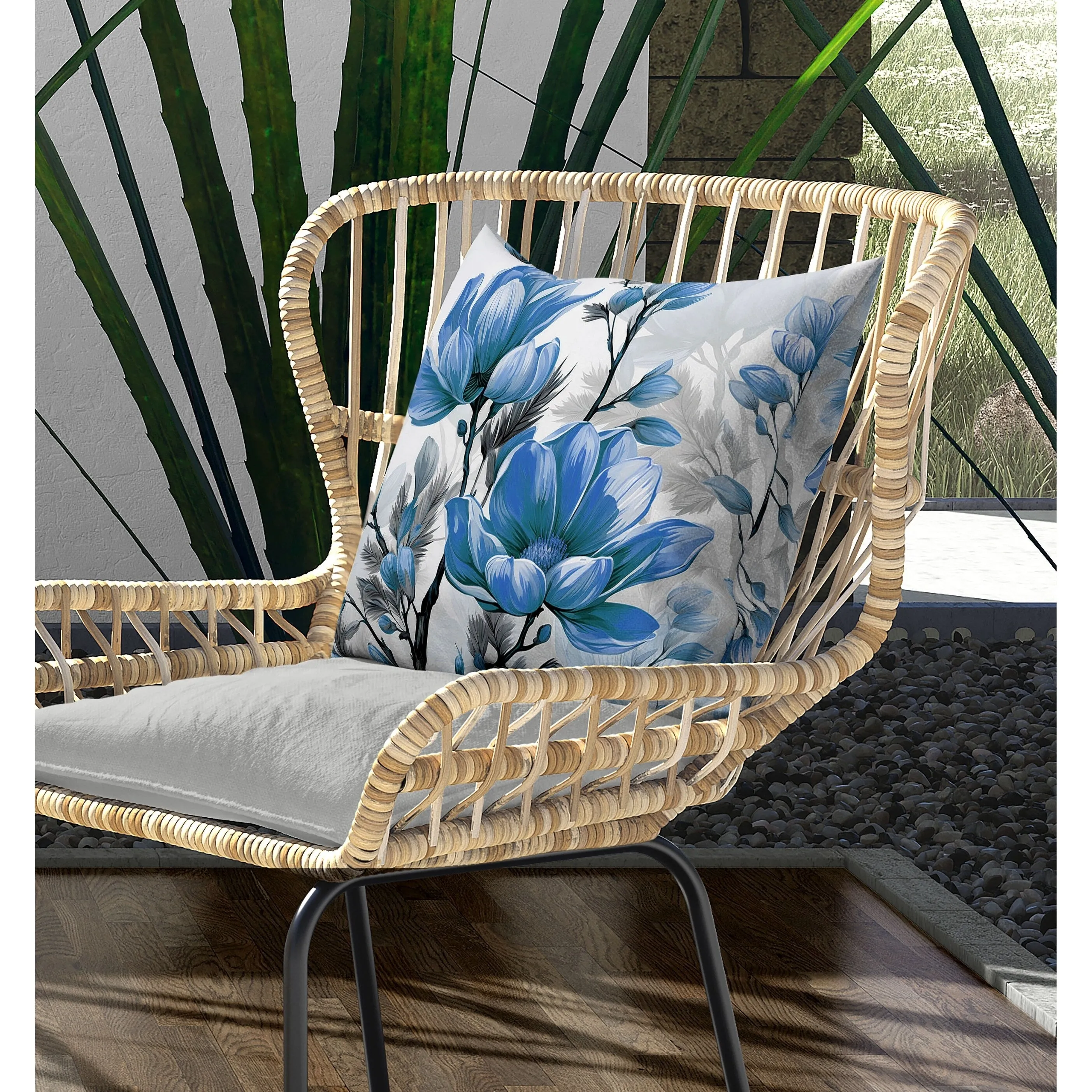 Zinnia Zest Indoor/Outdoor Reversible Throw Pillow Blue and Grey
