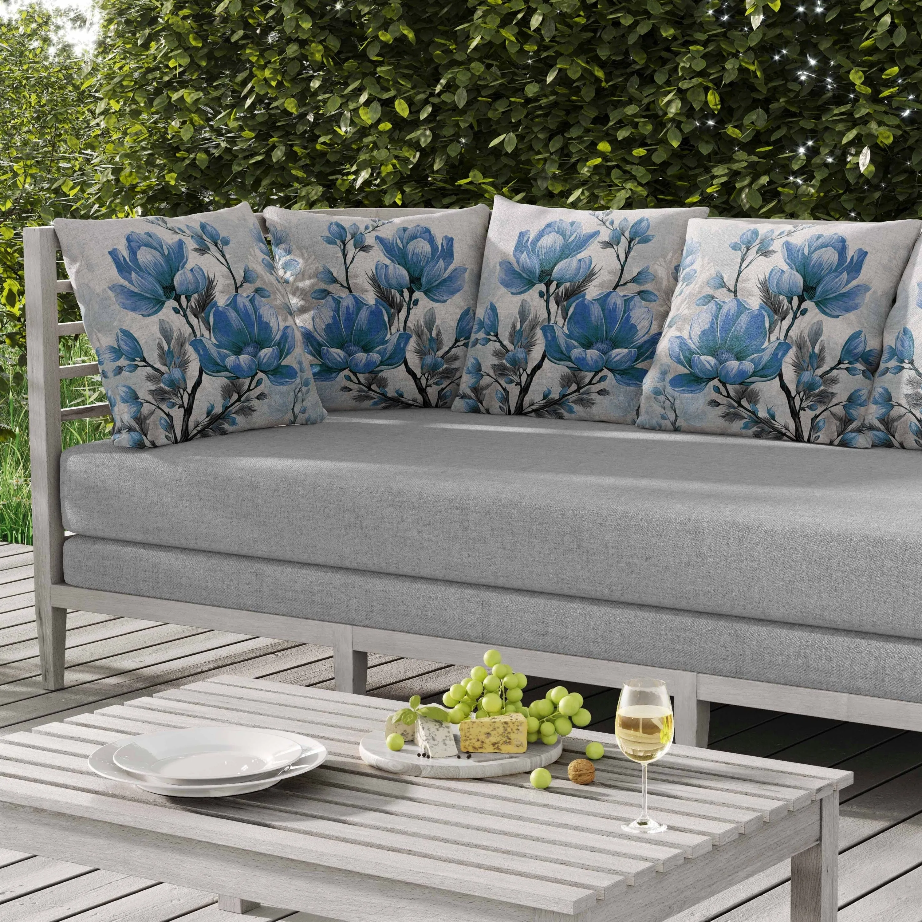 Zinnia Zest Indoor/Outdoor Reversible Throw Pillow Blue and Grey