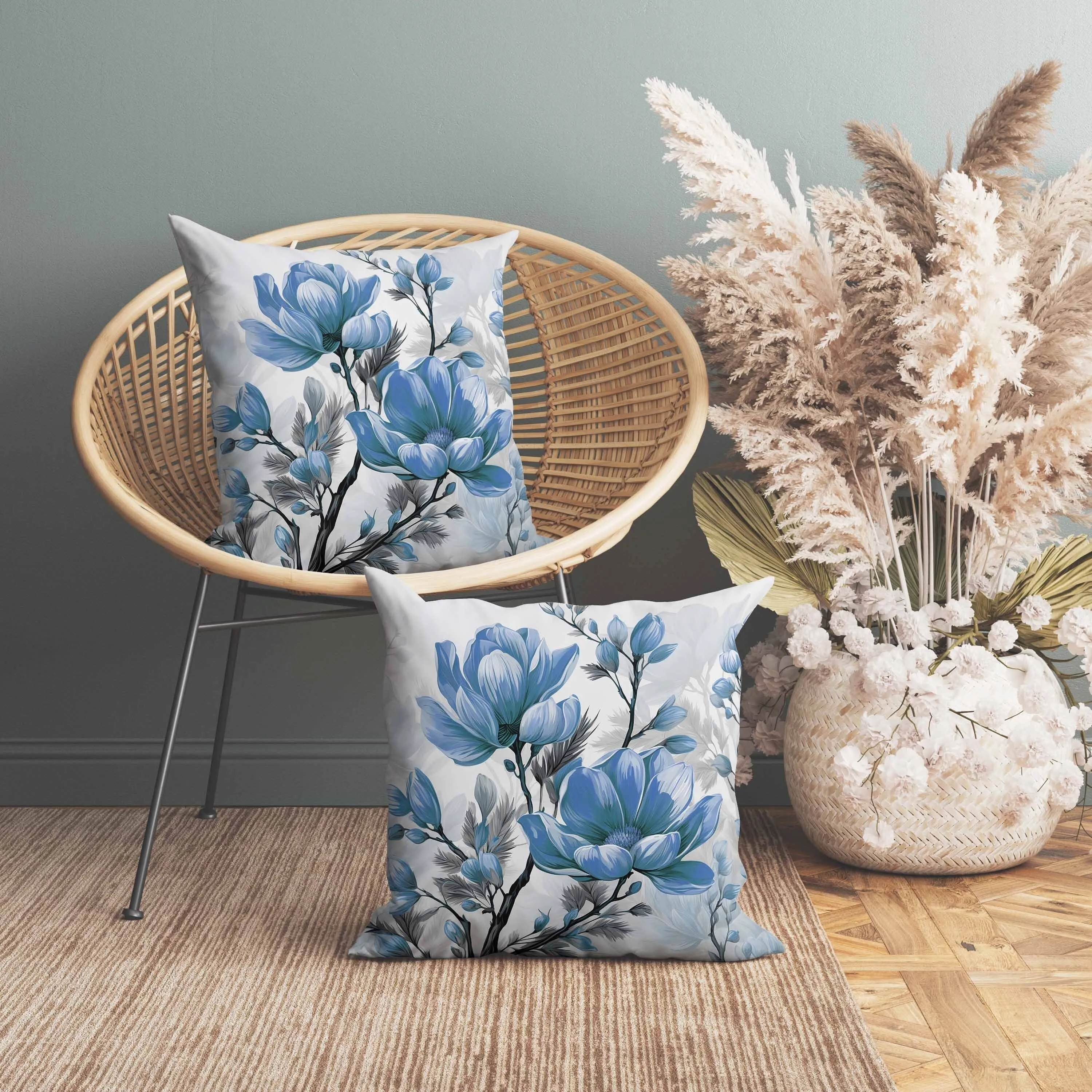 Zinnia Zest Indoor/Outdoor Reversible Throw Pillow Blue and Grey