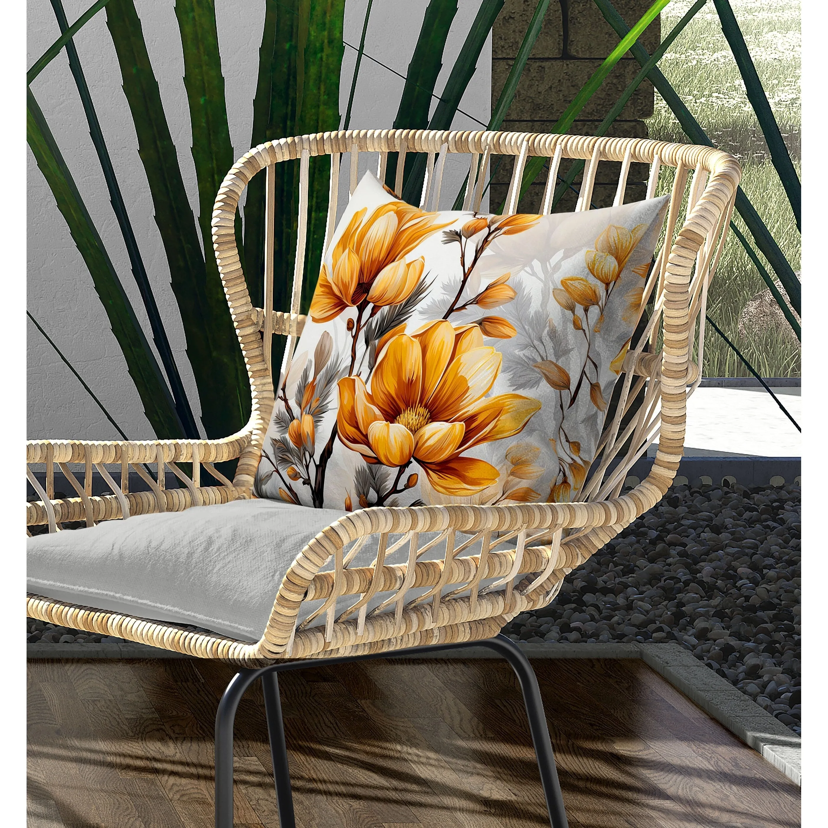 Zinnia Zest Indoor/Outdoor Reversible Throw Pillow Orange and Grey